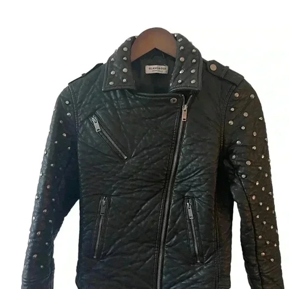 Glamorous Faux Leather Studded Moto Jacket XS | Black Biker Chic Street Style - Picture 4 of 11